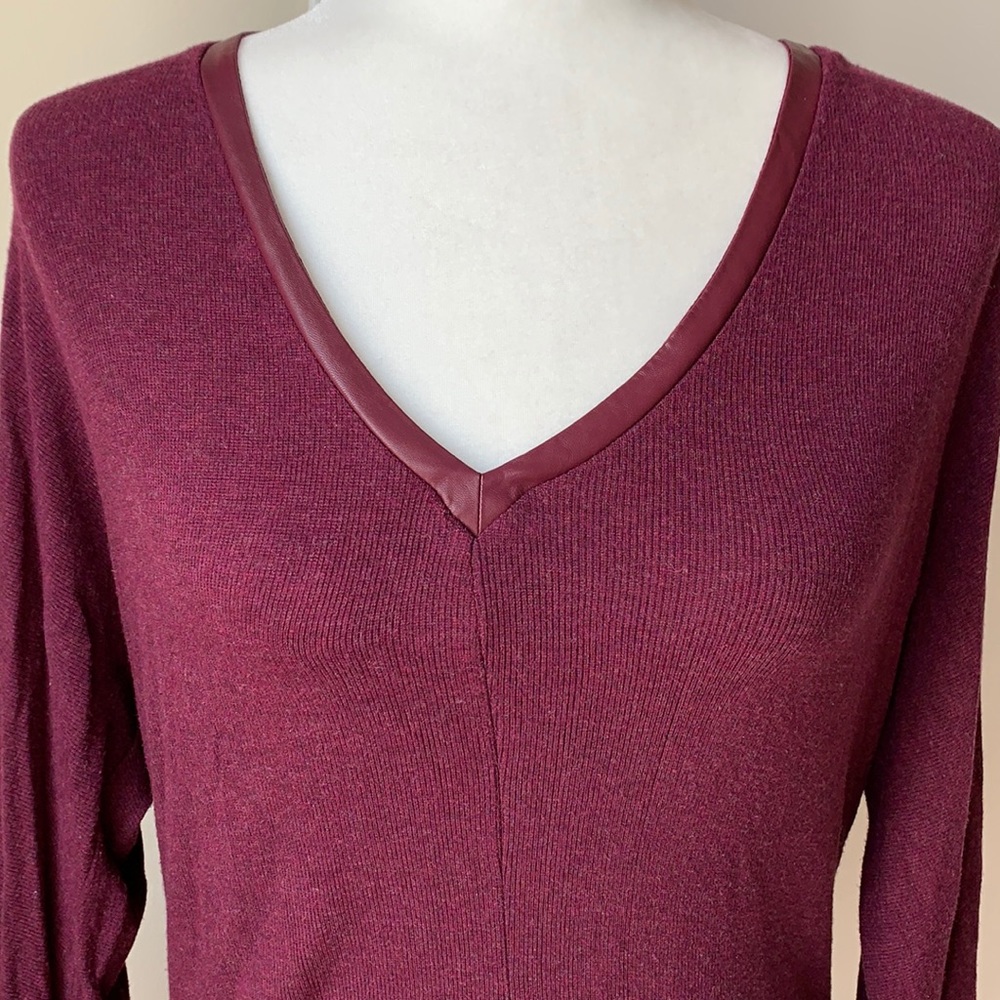 Burgundy Bordeaux Sweater with Bat Wings & Leather Vneck Detail S Anthro… - Picture 4 of 6